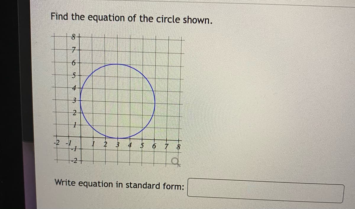 Find the equation of the circle shown.
7-
6-
3
2
-2 -1
3.
4
-2+
Write equation in standard form:

