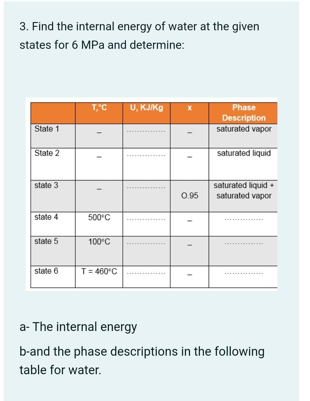 3. Find the internal energy of water at the given
states for 6 MPa and determine:
T,°C
U, KJ/Kg
Phase
Description
saturated vapor
State 1
State 2
saturated liquid
saturated liquid
saturated vapor
state 3
+
0.95
state 4
500°C
state 5
100°C
state 6
T= 460°C
a- The internal energy
b-and the phase descriptions in the following
table for water.
