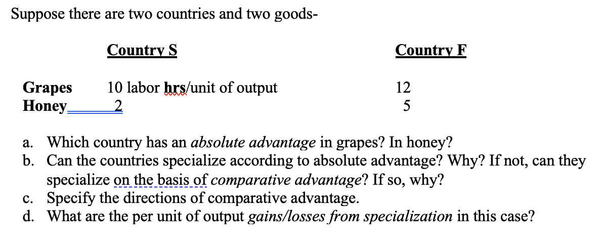 Suppose there are two countries and two goods-
Country S
Country F
10 labor hrs/unit of output
Grapes
Honey
12
5
a. Which country has an absolute advantage in grapes? In honey?
b. Can the countries specialize according to absolute advantage? Why? If not, can they
specialize on the basis of comparative advantage? If so, why?
c. Specify the directions of comparative advantage.
d. What are the per unit of output gains/losses from specialization in this case?
