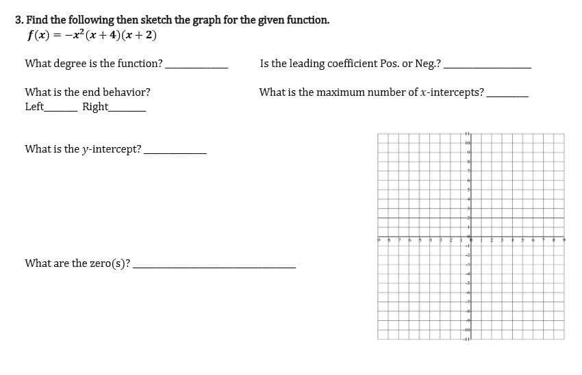 3. Find the following then sketch the graph for the given function.
f(x) = -x2 (x + 4)(x+2)
What degree is the function?
Is the leading coefficient Pos. or Neg.?
What is the end behavior?
What is the maximum number of x-intercepts?
Left
Right.
What is the y-intercept?
What are the zero(s)?
