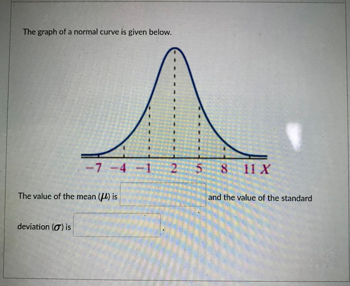 The graph of a normal curve is given below.
-7-4 -1
2:
8 11 X
The value of the mean (U) is
and the value of the standard
deviation (O) is
