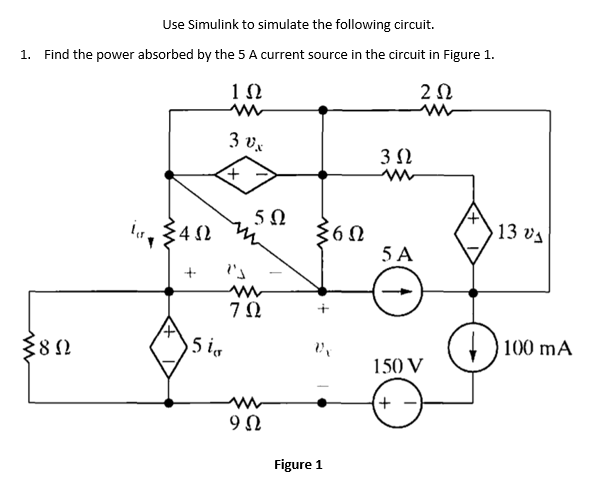 Use Simulink to simulate the following circuit.
1. Find the power absorbed by the 5 A current source in the circuit in Figure 1.
3 v.
", $42
13 va
5 A
5 ig
100 mA
150 V
+
Figure 1
