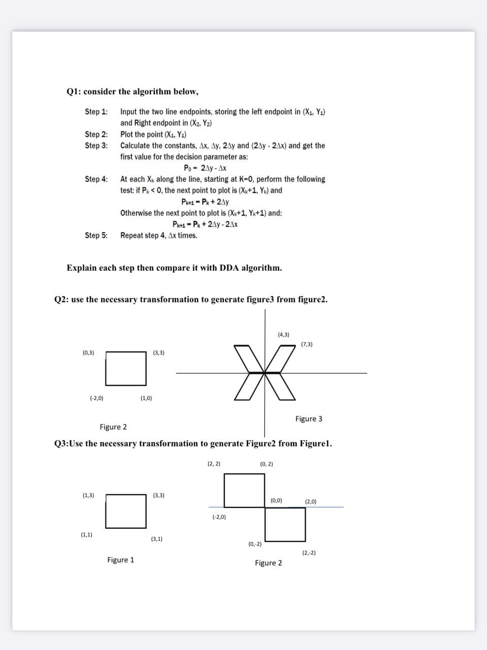 Q1: consider the algorithm below,
Step 1:
Input the two line endpoints, storing the left endpoint in (Xs, Y1)
and Right endpoint in (X2, Y2)
Plot the point (X1, Y1)
Calculate the constants, Ax, Ay, 2Ay and (2Ay - 2Ax) and get the
first value for the decision parameter as:
Step 2:
Step 3:
Po = 2Ay - Ax
Step 4:
At each Xk along the line, starting at K=0, perform the following
test: if Pk < 0, the next point to plot is (X+1, Yk) and
Pk+1 - Pk + 2Ay
Otherwise the next point to plot is (X+1, Yk+1) and:
Pk+1 = Pk + 2Ay - 2Ax
Step 5:
Repeat step 4, Ax times.
Explain each step then compare it with DDA algorithm.
Q2: use the necessary transformation to generate figure3 from figure2.
(4,3)
(7,3)
(0,3)
(3,3)
(-2,0)
(1,0)
Figure 3
Figure 2
Q3:Use the necessary transformation to generate Figure2 from Figurel.
(2, 2)
(0, 2)
(1,3)
(3,3)
(0,0)
(2,0)
(-2,0)
(1,1)
(3,1)
(0,-2)
(2,-2)
Figure 1
Figure 2
