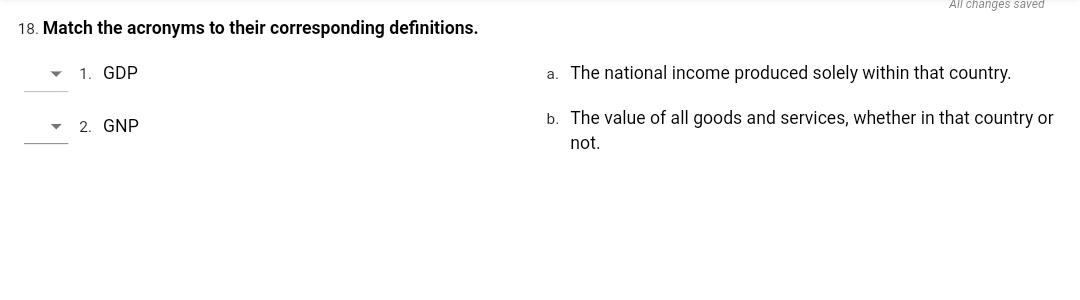 All changes saved
18. Match the acronyms to their corresponding definitions.
v 1. GDP
a. The national income produced solely within that country.
• 2. GNP
b. The value of all goods and services, whether in that country or
not.
