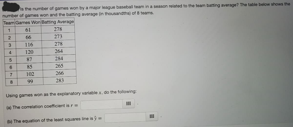 Is the number of games won by a major league baseball team in a season related to the team batting average? The table below shows the
number of games won and the batting average (in thousandths) of 8 teams.
Team Games Won Batting Average
61
278
66
273
3
116
278
4
120
264
87
284
85
265
7
102
266
8
99
283
Using games won as the explanatory variable x, do the following:
(a) The correlation coefficient is r =
(b) The equation of the least squares line is ŷ =
