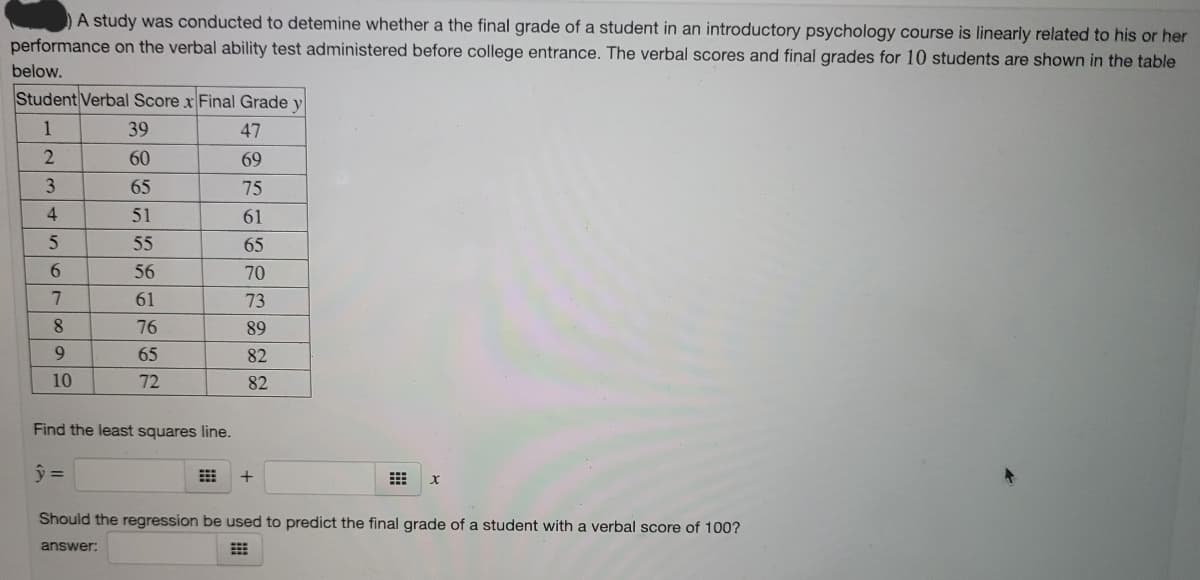 A study was conducted to detemine whether a the final grade of a student in an introductory psychology course is linearly related to his or her
performance on the verbal ability test administered before college entrance. The verbal scores and final grades for 10 students are shown in the table
below.
Student Verbal Score x Final Grade y
1
39
47
60
69
3
65
75
4.
51
61
55
65
6.
56
70
61
73
8.
76
89
65
82
10
72
82
Find the least squares line.
Should the regression be used to predict the final grade of a student with a verbal score of 100?
answer:
