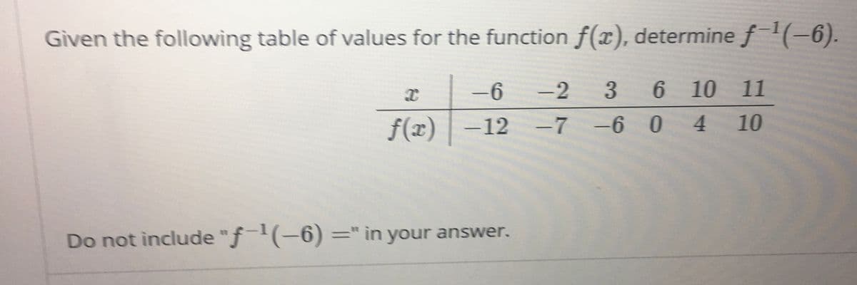 Given the following table of values for the function f(x), determine f(-6).
-6
-2
36 10 11
f(x) | –12 -7 -6 0 4
10
Do not include "f(-6) =" in your answer.
