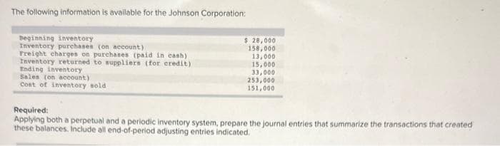 The following information is available for the Johnson Corporation:
Beginning inventory
Inventory purchases (on account)
Freight charges on purchases (paid in cash)
Inventory returned to suppliers (for credit)
Ending inventory
Sales (on account)
Cost of inventory sold
$ 28,000
158,000
13,000
15,000
33,000
253,000
151,000
Required:
Applying both a perpetual and a periodic inventory system, prepare the journal entries that summarize the transactions that created
these balances. Include all end-of-period adjusting entries indicated.