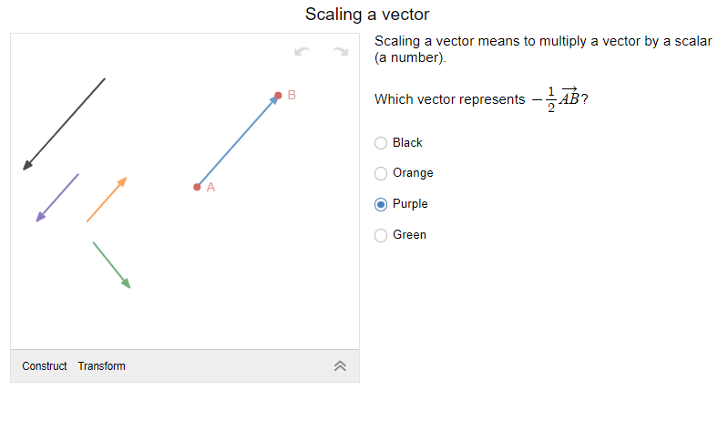 Scaling a vector
Scaling a vector means to multiply a vector by a scalar
(a number).
Which vector represents -AB?
B
Black
Orange
A
Purple
Green
Construct Transform
