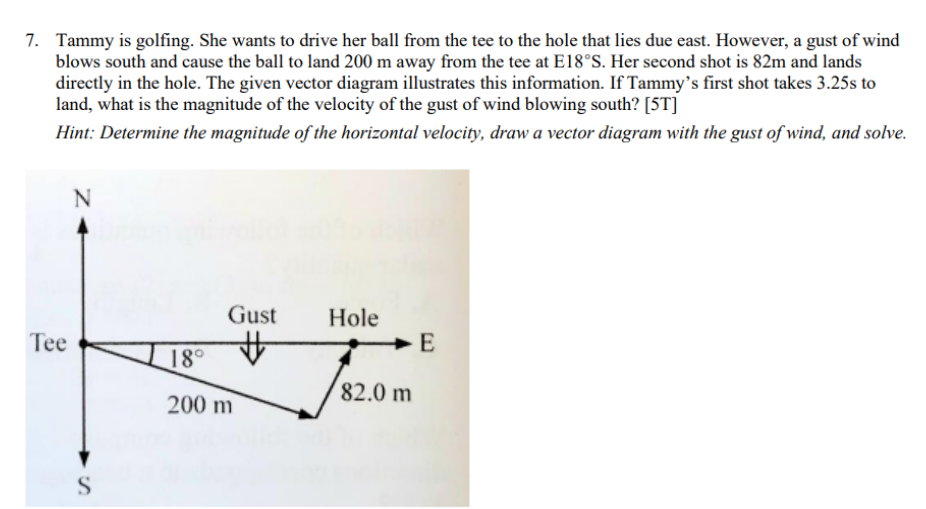 7. Tammy is golfing. She wants to drive her ball from the tee to the hole that lies due east. However, a gust of wind
blows south and cause the ball to land 200 m away from the tee at E18°S. Her second shot is 82m and lands
directly in the hole. The given vector diagram illustrates this information. If Tammy's first shot takes 3.25s to
land, what is the magnitude of the velocity of the gust of wind blowing south? [5T]
Hint: Determine the magnitude of the horizontal velocity, draw a vector diagram with the gust of wind, and solve.
N
Gust
Hole
#
Tee
S
18°
200 m
82.0 m
E