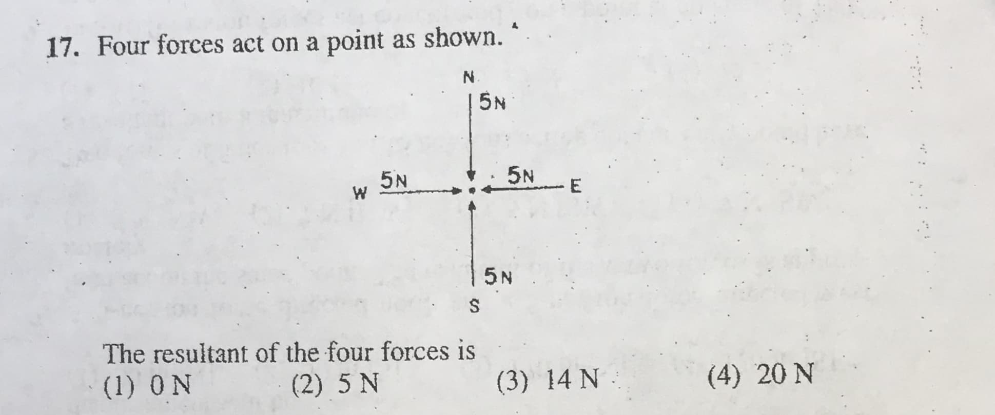 17. Four forces act on a point as shown.
N
5N
5N
W
5N
E
5N
The resultant of the four forces is
(1) 0N
(2) 5 N
(3) 14 N
(4) 20 N
