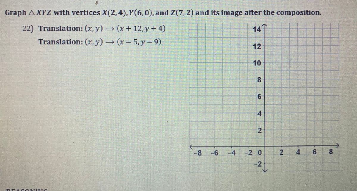 Graph A XYZ with vertices X(2,4), Y(6, 0), and Z(7, 2) and its image after the composition.
22) Translation: (x,y) → (x + 12, y + 4)
Translation: (x,y) → (x-5,y - 9)
147
DINC
12
10
CO
8
6
4
2
8 -6 -4 -2 0 2 4 6
Too
8