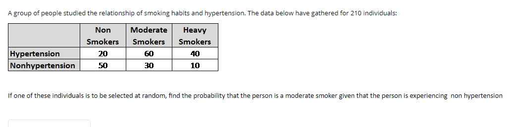 A group of people studied the relationship of smoking habits and hypertension. The data below have gathered for 210 individuals:
Non
Moderate
Heavy
Smokers
Smokers
Smokers
Hypertension
Nonhypertension
20
60
40
50
30
10
If one of these individuals is to be selected at random, find the probability that the person is a moderate smoker given that the person is experiencing non hypertension
