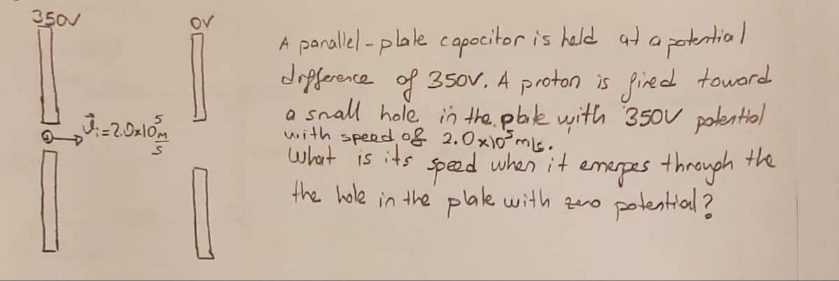 350V
A parallel - plale capocitor is held at a potia l
dofference of 350v., A proton is fired toword
snall hole in the pble with 35ov polentiol
with speed og 2.0x)0ms.
what is its
peed when it
the hole in the plale with zero potestial?
enepes throygh the
