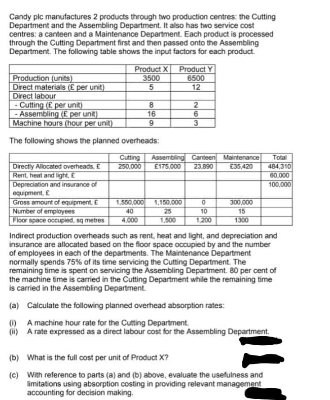 Candy plc manufactures 2 products through two production centres: the Cutting
Department and the Assembling Department. It also has two service cost
centres: a canteen and a Maintenance Department. Each product is processed
through the Cutting Department first and then passed onto the Assembling
Department. The following table shows the input factors for each product.
Product X
3500
Product Y
6500
12
Production (units)
Direct materials (£ per unit)
Direct labour
- Cutting (£ per unit)
- Assembling (£ per unit)
Machine hours (hour per unit)
16
The following shows the planned overheads:
Cutting
250,000
Assembling Canteen Maintenance
23,890
Total
484,310
60,000
Directly Allocated overheads, £
Rent, heat and light, £
Depreciation and insurance of
equipment, £
Gross amount of equipment, £
Number of employees
Floor space occupied, sq metres
£175,000
£35,420
100,000
1,150,000
300,000
1,550,000
40
25
10
15
4,000
1,500
1,200
1300
Indirect production overheads such as rent, heat and light, and depreciation and
insurance are allocated based on the floor space occupied by and the number
of employees in each of the departments. The Maintenance Department
normally spends 75% of its time servicing the Cutting Department. The
remaining time is spent on servicing the Assembling Department. 80 per cent of
the machine time is carried in the Cutting Department while the remaining time
is carried in the Assembling Department.
(a) Calculate the following planned overhead absorption rates:
(i) A machine hour rate for the Cutting Department.
(i) A rate expressed as a direct labour cost for the Assembling Department.
(b) What is the full cost per unit of Product X?
(c) With reference to parts (a) and (b) above, evaluate the usefulness and
limitations using absorption costing in providing relevant management
accounting for decision making.
N63
