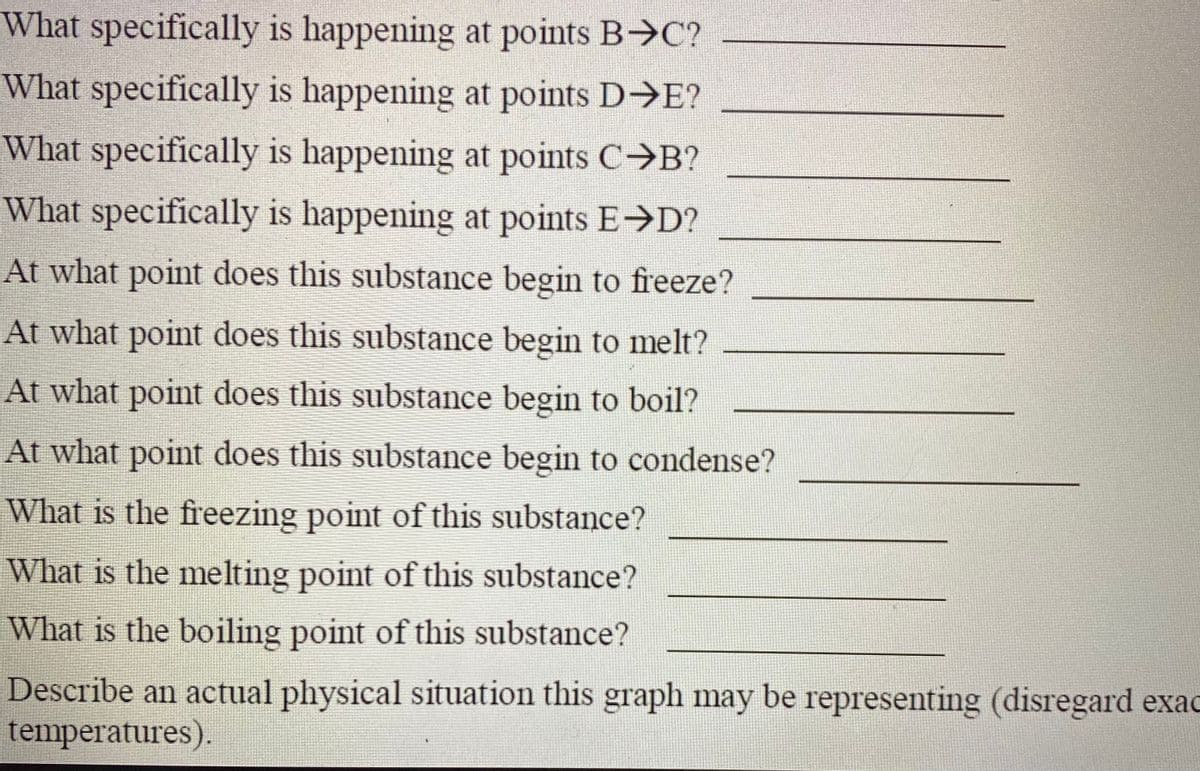 What specifically is happening at points B C?
What specifically is happening at points D>E?
What specifically is happening at points C>B?
What specifically is happening at points E->D?
At what point does this substance begin to freeze?
At what point does this substance begin to melt?
At what point does this substance begin to boil?
At what point does this substance begin to condense?
What is the freezing point of this substance?
What is the melting point of this substance?
What is the boiling point of this substance?
Describe an actual physical situation this graph may be representing (disregard exac
temperatures).
