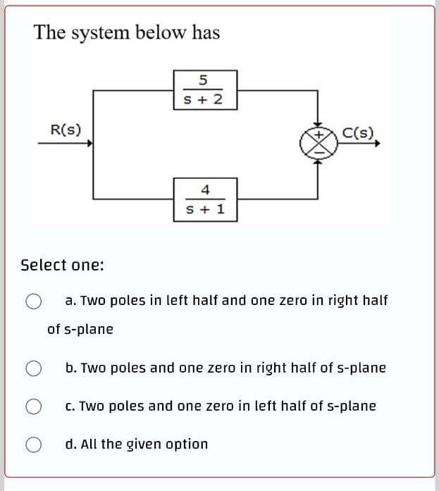 The system below has
5
S + 2
R(s)
C(s),
4
S+ 1
Select one:
a. Two poles in left half and one zero in right half
of s-plane
b. Two poles and one zero in right half of s-plane
C. Two poles and one zero in left half of s-plane
d. All the given option
