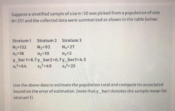 Suppose a stratified sample of sizen=30 was picked from a population of size
N=251 and the collected data were summarized as shown in the table below:
Stratum 1
Stratum 2 Stratum 3
N=132
N2=92
N3=27
n2=10
y_bar 1=8.7 y_bar2=6.7 y_bar3=4.5
sz2=49
n;=18
n3=2
s;?=64
s32=25
Use the above data to estimate the population total and compute its associated
bound on the error of estimation. (note that y_barl denotes the sample mean for
stratum 1)

