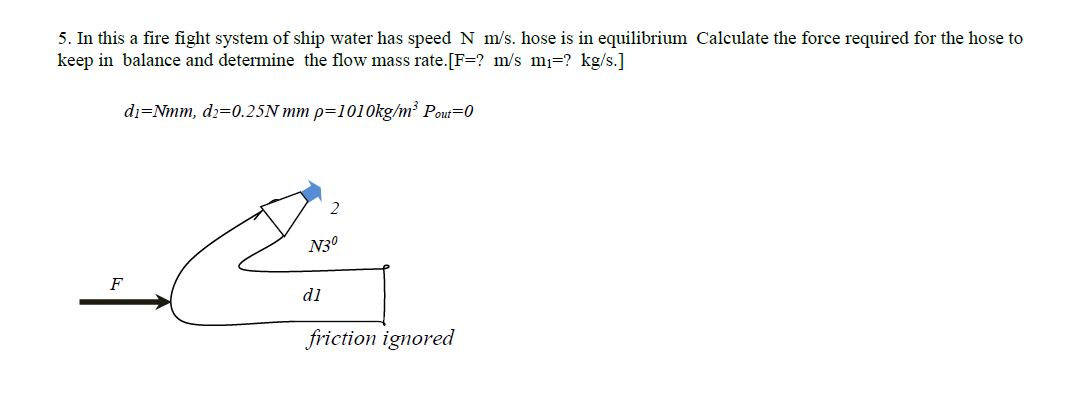 5. In this a fire fight system of ship water has speed N m/s. hose is in equilibrium Calculate the force required for the hose to
keep in balance and determine the flow mass rate.[F=? m/s mı=? kg/s.]
di=Nmm, d2=0.25N mm p=1010kg/m³ Pout=0
2
N30
F
d1
friction ignored
