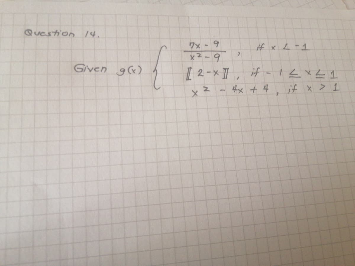 QUestion 14.
ワx - 9
if x L-1
x2-9
Given g«)
[ 2-x I
ノ
ラメラー f
4x + 4
if x > 1
