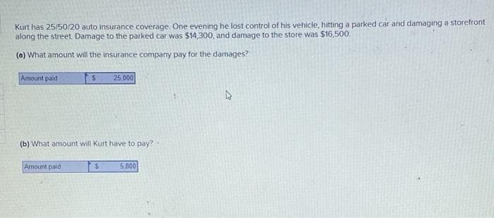 Kurt has 25/50/20 auto insurance coverage. One evening he lost control of his vehicle, hitting a parked car and damaging a storefront
along the street Damage to the parked car was $14,300, and damage to the store was $16,500
(a) What amount will the insurance company pay for the damages?
Amount paid
$
Amount paid
(b) What amount will Kurt have to pay?.
25,000
$
5,800
4