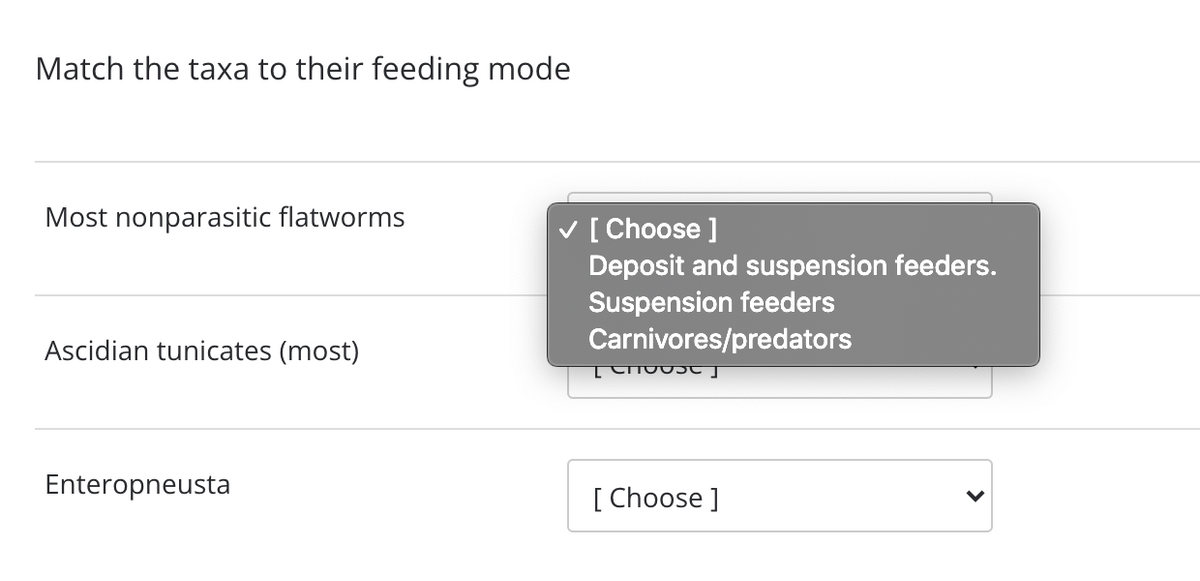Match the taxa to their feeding mode
Most nonparasitic flatworms
V [ Choose ]
Deposit and suspension feeders.
Suspension feeders
Carnivores/predators
Ascidian tunicates (most)
Enteropneusta
[ Choose ]
