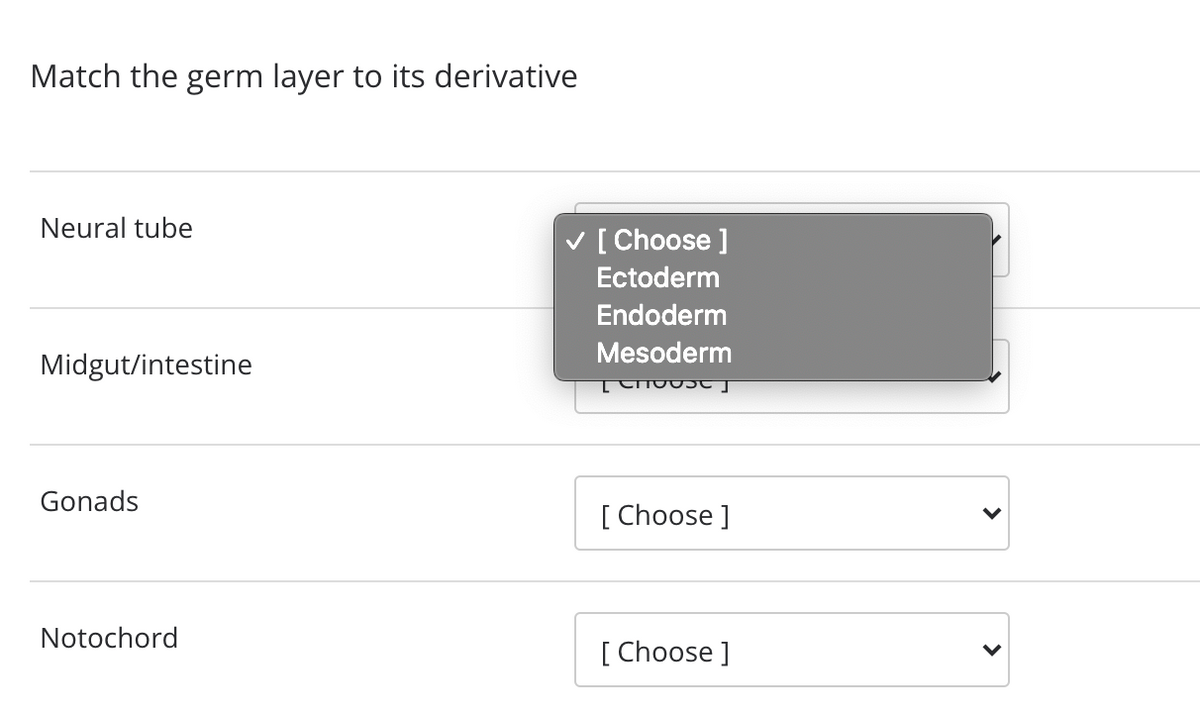 Match the germ layer to its derivative
Neural tube
V [ Choose ]
Ectoderm
Endoderm
Mesoderm
Midgut/intestine
Gonads
[ Choose ]
Notochord
[ Choose ]
