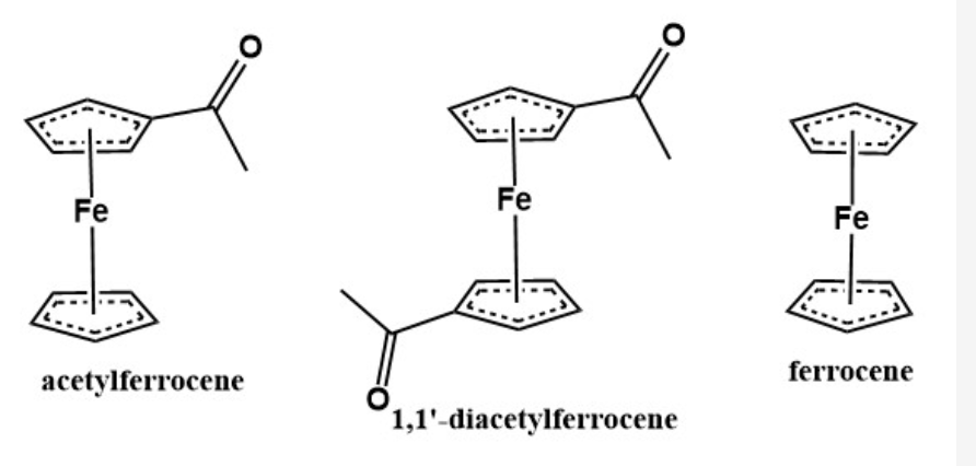 Fe
Fe
Fe
ferrocene
acetylferrocene
1,1'-diacetylferrocene
