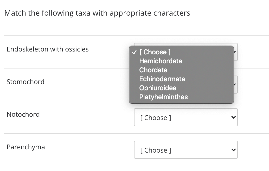 Match the following taxa with appropriate characters
Endoskeleton with ossicles
V [ Choose ]
Hemichordata
Chordata
Echinodermata
Stomochord
Ophiuroidea
Platyhelminthes
Notochord
[ Choose ]
Parenchyma
[ Choose ]
>
