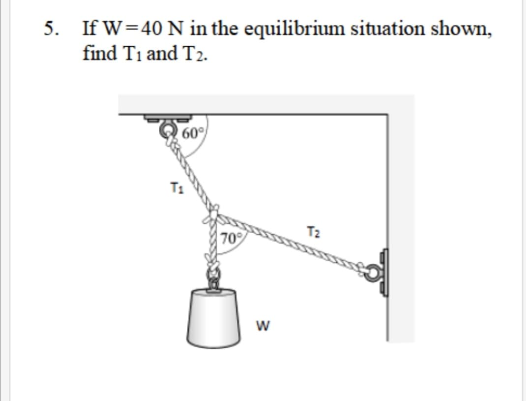5. If W=40 N in the equilibrium situation shown,
find T1 and T2.
60
T2
