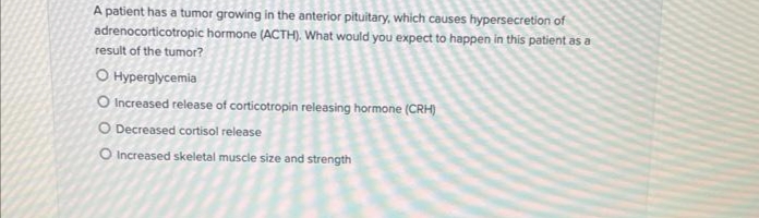 A patient has a tumor growing in the anterior pituitary, which causes hypersecretion of
adrenocorticotropic hormone (ACTH). What would you expect to happen in this patient as a
result of the tumor?
O Hyperglycemia
O Increased release of corticotropin releasing hormone (CRH)
O Decreased cortisol release
O Increased skeletal muscle size and strength