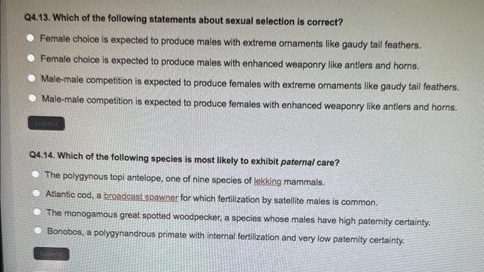 Q4.13. Which of the following statements about sexual selection is correct?
Female choice is expected to produce males with extreme ornaments like gaudy tail feathers.
Female choice is expected to produce males with enhanced weaponry like antlers and horns.
Male-male competition is expected to produce females with extreme ornaments like gaudy tail feathers.
Male-male competition is expected to produce females with enhanced weaponry like antlers and horns.
Submit
Q4.14. Which of the following species is most likely to exhibit paternal care?
The polygynous topi antelope, one of nine species of lekking mammals.
Atlantic cod, a broadcast spawner for which fertilization by satellite males is common.
The monogamous great spotted woodpecker, a species whose males have high paternity certainty.
Bonobos, a polygynandrous primate with internal fertilization and very low paternity certainty.
Submit