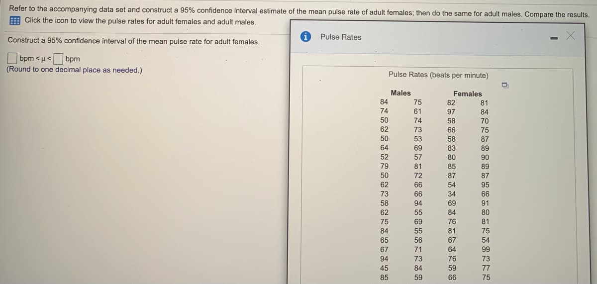 Refer to the accompanying data set and construct a 95% confidence interval estimate of the mean pulse rate of adult females; then do the same for adult males. Compare the results.
E Click the icon to view the pulse rates for adult females and adult males.
Pulse Rates
Construct a 95% confidence interval of the mean pulse rate for adult females.
bpm <µ<bpm
(Round to one decimal place as needed.)
Pulse Rates (beats per minute)
Males
Females
84
75
82
81
74
61
97
84
50
74
58
70
62
73
66
75
50
53
69
58
87
64
83
89
52
57
80
85
90
79
81
89
50
72
87
87
62
66
54
95
73
66
34
66
58
94
69
91
62
55
84
80
75
69
76
81
84
55
81
67
75
65
56
54
67
71
64
99
94
73
76
73
45
84
59
77
85
59
66
75
