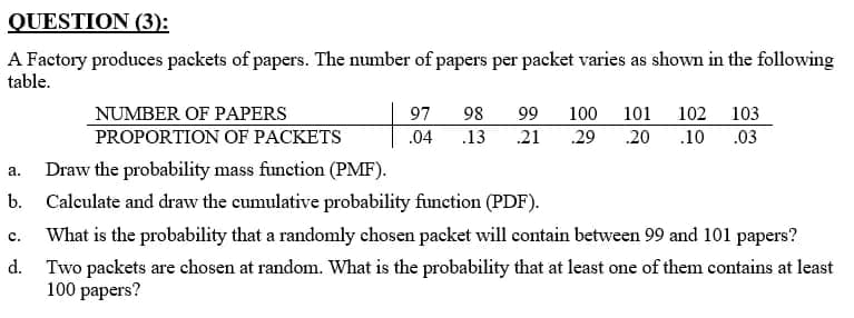 QUESTION (3):
A Factory produces packets of papers. The number of papers per packet varies as shown in the following
table.
NUMBER OF PAPERS
97
98
99
100
101
102 103
PROPORTION OF PACKETS
.04
.13
.21
.29
.20
.10
.03
Draw the probability mass function (PMF).
а.
b. Calculate and draw the cumulative probability funetion (PDF).
What is the probability that a randomly chosen packet will contain between 99 and 101 papers?
с.
d.
Two packets are chosen at random. What is the probability that at least one of them contains at least
100 papers?
