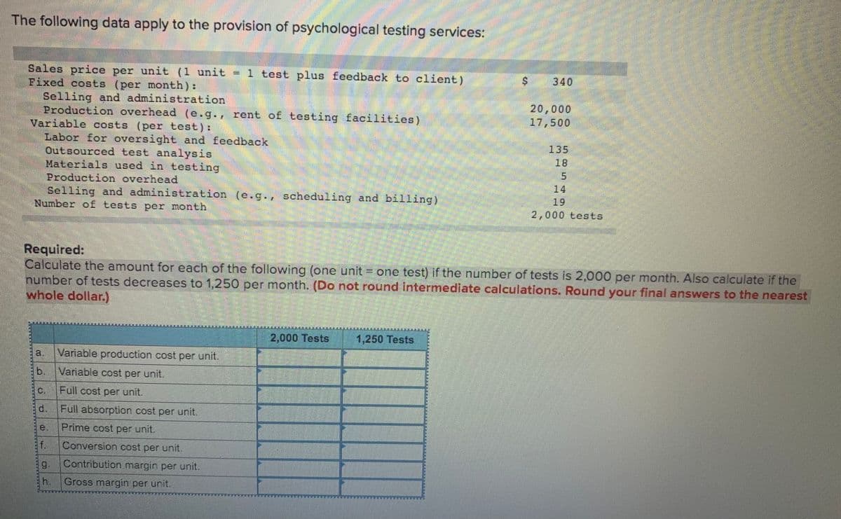 The following data apply to the provision of psychological testing services:
Sales price per unit (1 unit - 1 test plus feedback to client)
Fixed costs (per month):
Selling and administration
Production overhead (e.g., rent of testing facilities)
Variable costs (per test) :
Labor for oversight and feedback
Outsourced test analysis
Materials used in testing
Production overhead
Selling and administration (e.g., scheduling and billing)
Number of tests per month
340
20,000
17,500
135
18
14
19
2,000 tests
Required:
Calculate the amount for each of the following (one unit = one test) if the number of tests is 2,000 per month. Also calculate if the
number of tests decreases to 1,250 per month. (Do not round intermediate calculations. Round your final answers to the nearest
whole dollar.)
2,000 Tests
1,250 Tests
a,
Variable production cost per unit.
b.
Variable cost per unit.
Full cost per unit.
Pd.
d. Full absorption cost per unit,
e
Prime cost per unit.
f.
Conversion cost per unit.
1g.
Contribution margin per unit.
Gross margin per unit.
%24
