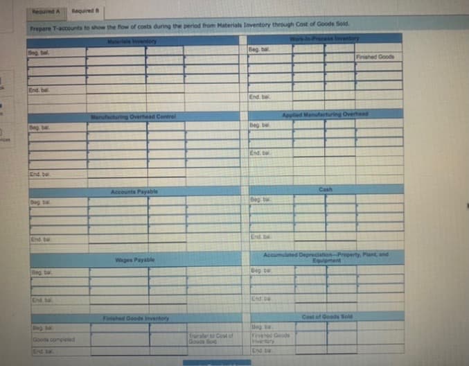 Required A
Required B
Prepare T-accounts to show the flow of costs during the period from Materials Inventory through Cost of Goods Sold.
Materlals Inventory
Process Inventory
Beg. bal
Bog bal
Finished Goods
End. bal
End. bal
Manufacturing Overhead Control
Applied Manufacturing Overhead
Beg ba
Beg. be
nces
End. ba
End. bal.
Cash
Accounts Payable
Beg ba
Deg ba
End. ba
End. bal
Accumulated Depreciation-Property, Plant, and
Equipment
Wages Payable
Beg ba
Beg ba
End. bal
End ba
Finished Goods inventory
Cost of Goods Sold
Dog ba
Finehed Goods
Invontory
Beg bal
Goods completed
Transfer to Cost of
Goods Soid
End ba
Lnd ba
