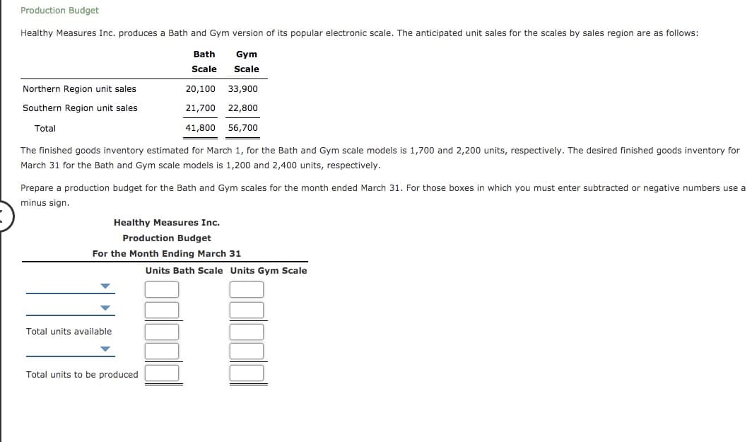 Production Budget
Healthy Measures Inc. produces a Bath and Gym version of its popular electronic scale. The anticipated unit sales for the scales by sales region are as follows:
Bath
Gym
Scale
Scale
Northern Region unit sales
20,100
33,900
Southern Region unit sales
21,700 22,800
Total
41,800
56,700
The finished goods inventory estimated for March 1, for the Bath and Gym scale models is 1,700 and 2,200 units, respectively. The desired finished goods inventory for
March 31 for the Bath and Gym scale models is 1,200 and 2,400 units, respectively.
Prepare a production budget for the Bath and Gym scales for the month ended March 31. For those boxes in which you must enter subtracted or negative numbers use a
minus sign.
Healthy Measures Inc.
Production Budget
For the Month Ending March 31
Units Bath Scale Units Gym Scale
Total units available
Total units to be produced
