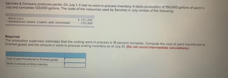 Sanchez & Company produces paints. On July 1, it had no work-in-process inventory. It starts production of 150,000 gallons of paint in
July and completes 120,000 gallons. The costs of the resources used by Sanchez in July consist of the following
$ 137,000
175,000
Materials
Conversion costs (labor and overhead)
Required:
The production supervisor estimates that the ending work-in-process is 16 percent complete. Compute the cost of paint transferred to
finished goods and the amount in work-in-process ending inventory as of July 31. (Do not round Intermediate calculations.)
Cost of paint transferred to finished goods
Work-in-process ending inventory
