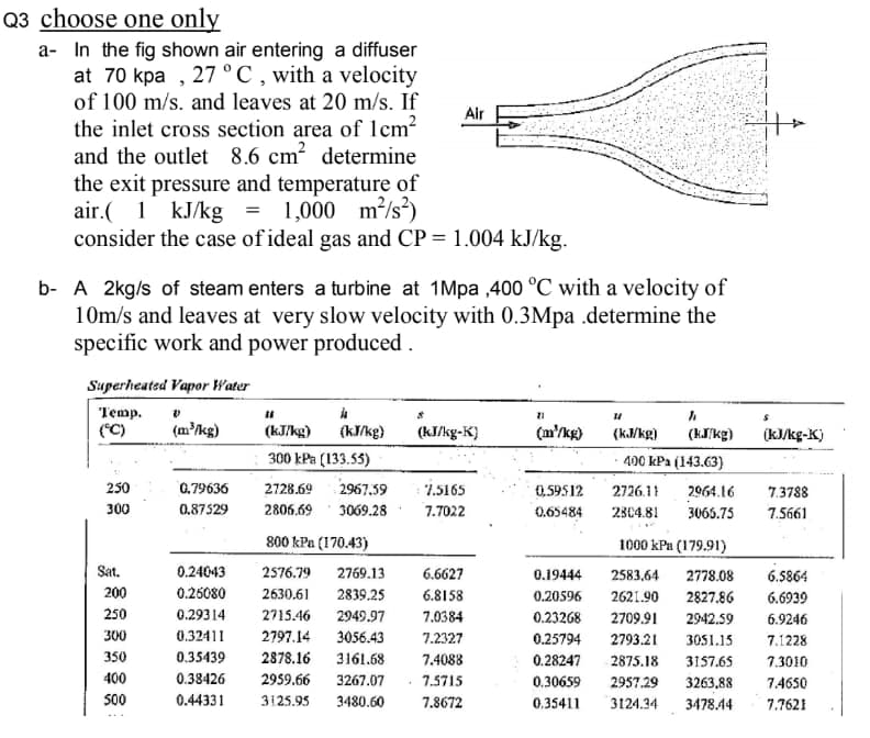 Q3 choose one only
a- In the fig shown air entering a diffuser
at 70 kpa , 27°C,with a velocity
of 100 m/s. and leaves at 20 m/s. If
the inlet cross section area of lcm?
and the outlet 8.6 cm? determine
Air
the exit pressure and temperature of
air.( 1 kJ/kg = 1,000 m/s²)
consider the case of ideal gas and CP = 1.004 kJ/kg.
b- A 2kg/s of steam enters a turbine at 1Mpa ,400 °C with a velocity of
10m/s and leaves at very slow velocity with 0.3Mpa .determine the
specific work and power produced .
Superheated Vapor Water
Temp.
("C)
(m'kg)
(kJ/kg)
(kJ/kg)
(kJ/kg-K)
(m'/kg) (kMkg) (kJkg) (k/kg-K)
(KJ/kg)
300 kPa (133.55)
400 kPa (143.63)
250
0.79636
2728.69
2967.59
7.5165
0,59512
2726.11
2064.16
7.3788
300
0.87529
2806.69
3069.28
7.7022
0.65484
2804.81
3065.75
7.5661
800 kPa (170.43)
1000 kPa (179.91)
Sat.
0.24043
2576.79 2769.13
6.6627
0.19444
2583,64
2778.08
6.5864
200
0.25080
2630.61
2839.25
6.8158
0.20596
2621.90
2827.86
6.6939
250
0.29314
2715.46
2949.97
7.0384
0.23268
2709.91
2942.59
6.9246
300
0.32411
2797.14
3056.43
7.2327
0.25794
2793.21
3051.15
7.1228
350
0.35439
2878.16
3161.68
7.4088
0.28247
2875.18
3157.65
7.3010
400
0.38426
2959.66
3267.07
7.5715
0.30659
2957.29
3263.88
3478.44
7.4650
500
0.44331
3125.95
3480.60
7.8672
0.35411
3124.34
7.7621
