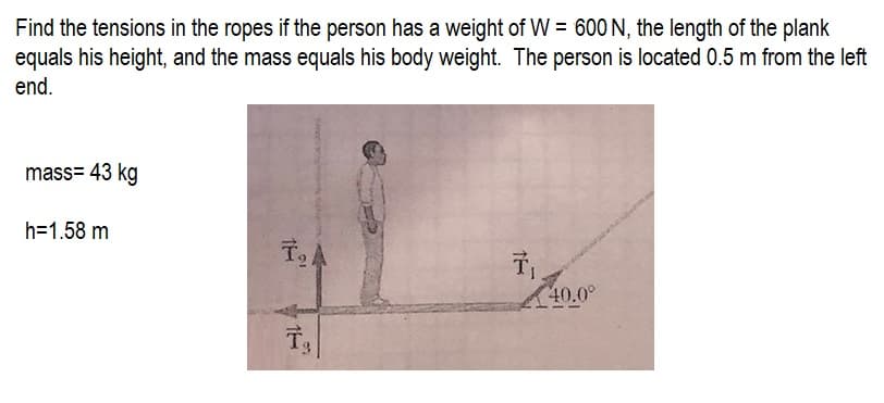 Find the tensions in the ropes if the person has a weight of W = 600 N, the length of the plank
equals his height, and the mass equals his body weight. The person is located 0.5 m from the left
end.
mass= 43 kg
h=1.58 m
T₂ A
17
1₁
T₁
40.0°