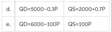 d.
QD=5000-0.3P
QS=2000+0.7P
e.
QD=6000-100P
QS=100P
