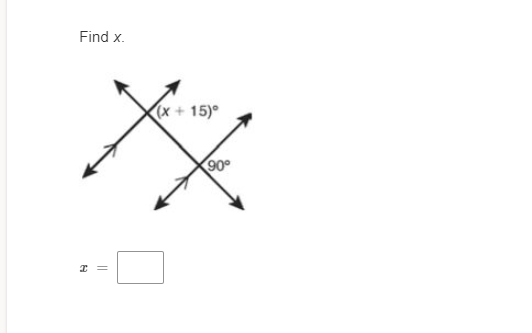 Find x.
(x+15)°
90°
I =
