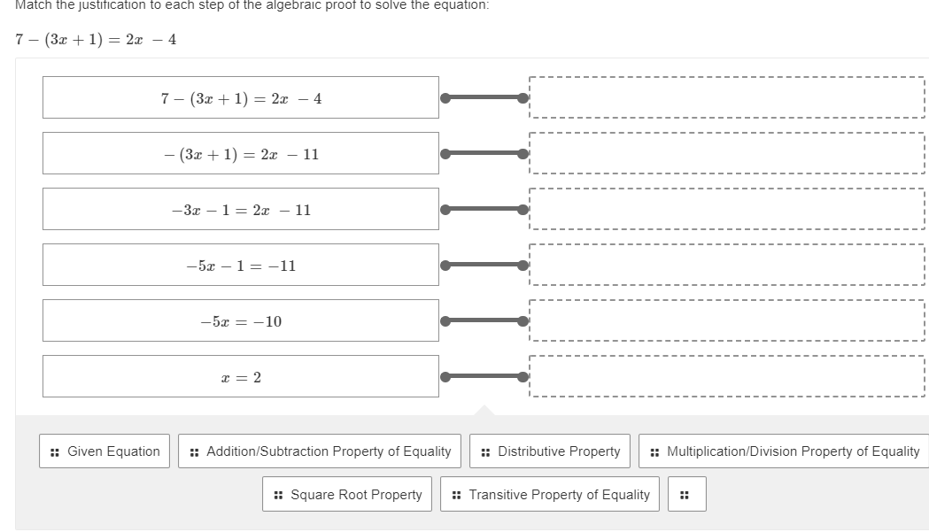 Match the justification to each step of the algebraic proof to solve the equation:
7 - (3x + 1) = 2x – 4
7 - (3x + 1) = 2x – 4
(3x + 1) = 2x – 11
-3x – 1= 2x – 1
-5x – 1 = -11
-5x = -10
x = 2
:: Given Equation
:: Addition/Subtraction Property of Equality
: Distributive Property
:: Multiplication/Division Property of Equality
: Square Root Property
: Transitive Property of Equality
::
