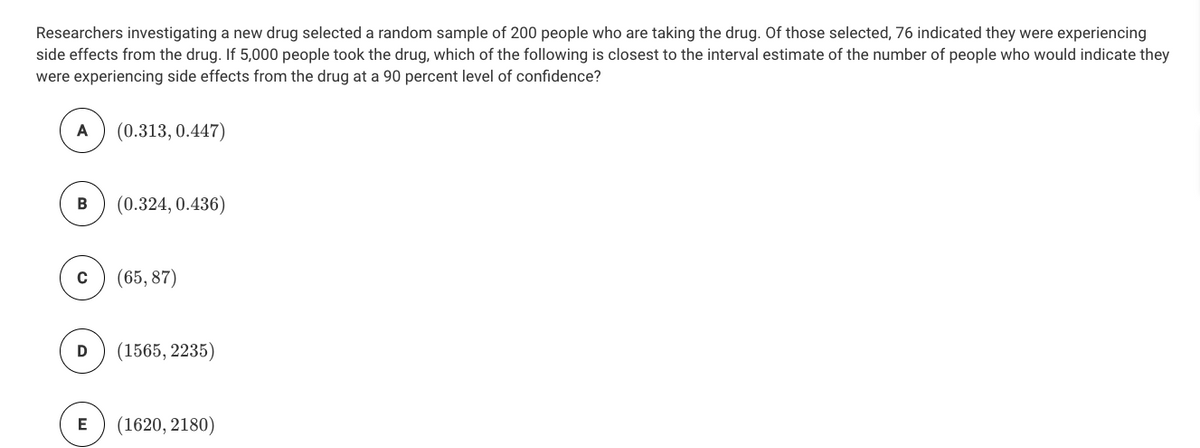 Researchers investigating a new drug selected a random sample of 200 people who are taking the drug. Of those selected, 76 indicated they were experiencing
side effects from the drug. If 5,000 people took the drug, which of the following is closest to the interval estimate of the number of people who would indicate they
were experiencing side effects from the drug at a 90 percent level of confidence?
A
(0.313, 0.447)
(0.324, 0.436)
(65, 87)
(1565, 2235)
E
(1620, 2180)
