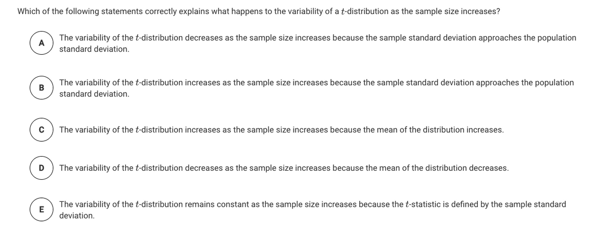 Which of the following statements correctly explains what happens to the variability of a t-distribution as the sample size increases?
The variability of the t-distribution decreases as the sample size increases because the sample standard deviation approaches the population
A
standard deviation.
The variability of the t-distribution increases as the sample size increases because the sample standard deviation approaches the population
standard deviation.
The variability of the t-distribution increases as the sample size increases because the mean of the distribution increases.
The variability of the t-distribution decreases as the sample size increases because the mean of the distribution decreases.
The variability of the t-distribution remains constant as the sample size increases because the t-statistic is defined by the sample standard
E
deviation.
