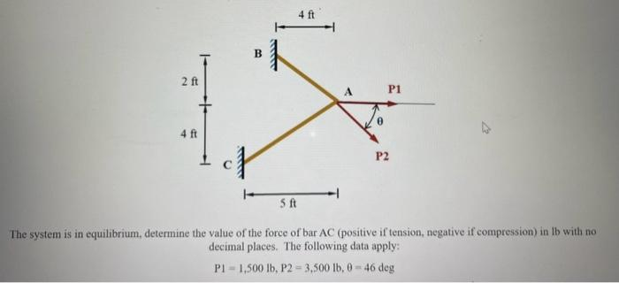 2 ft
4 ft
B
5 ft
4 ft
P1
P2
The system is in equilibrium, determine the value of the force of bar AC (positive if tension, negative if compression) in lb with no
decimal places. The following data apply:
P1-1,500 lb, P23,500 lb, 0-46 deg