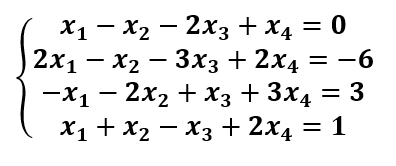 X1 – X2 – 2x3 + x4 = 0
2x1 — X2 — Зз + 2x4 — —6
—х1 — 2х2 + Хз + 3x4 — 3
X1 + x2 – X3 + 2x4 = 1
= -6
