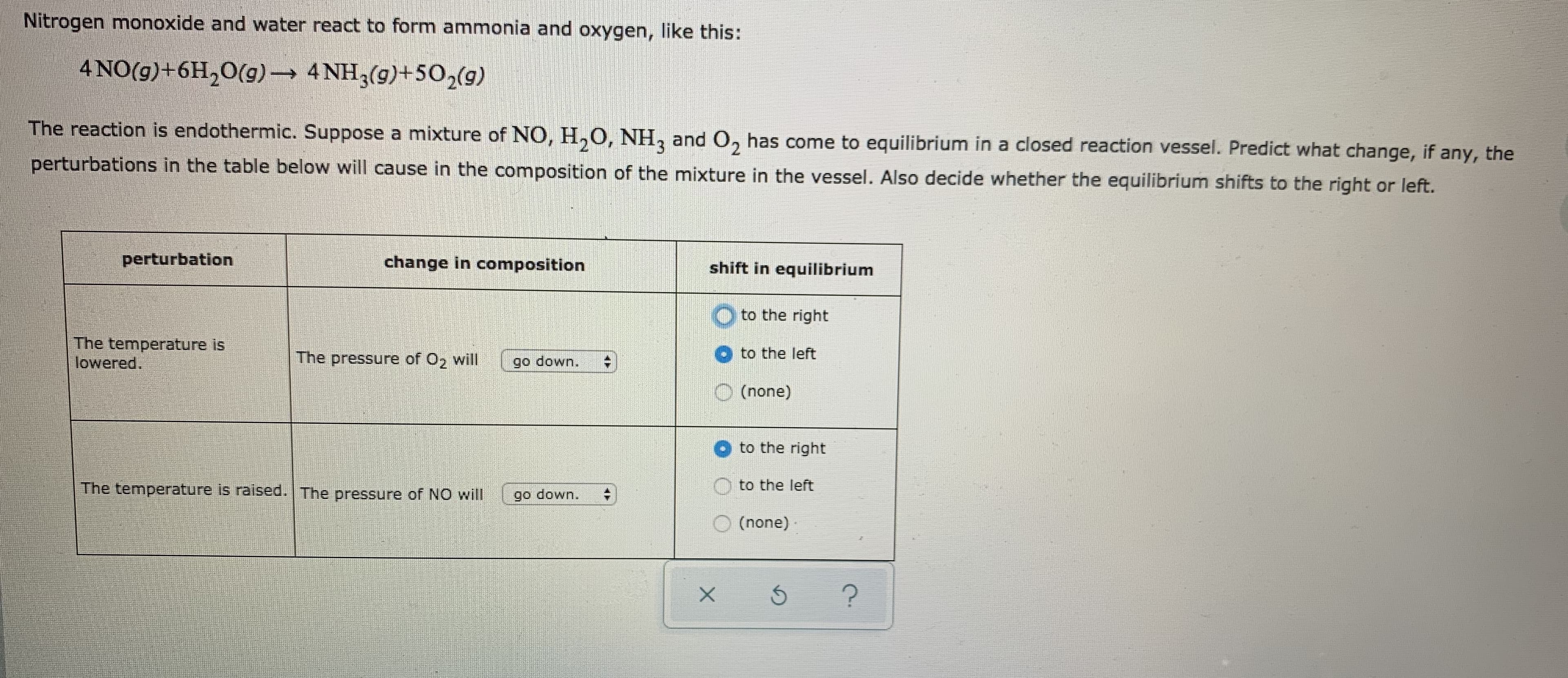 Nitrogen monoxide and water react to form ammonia and oxygen, like this:
4 NO(g)+6H,0(9) 4 NH3(g)+50,(g)
The reaction is endothermic. Suppose a mixture of NO, H,O, NH, and O, has come to equilibrium in a closed reaction vessel. Predict what change, if any, the
perturbations in the table below will cause in the composition of the mixture in the vessel. Also decide whether the equilibrium shifts to the right or left.
perturbation
change in composition
shift in equilibrium
to the right
The temperature is
lowered.
The pressure of O2 will
go down.
to the left
(none)
O to the right
The temperature is raised. The pressure of NO will
to the left
go down.
(none)
