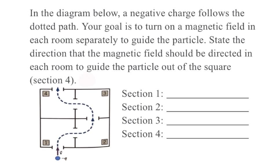 In the diagram below, a negative charge follows the
dotted path. Your goal is to turn on a magnetic field in
each room separately to guide the particle. State the
direction that the magnetic field should be directed in
each room to guide the particle out of the square
(section 4).
Section 1:
Section 2:
Section 3:
Section 4:
2

