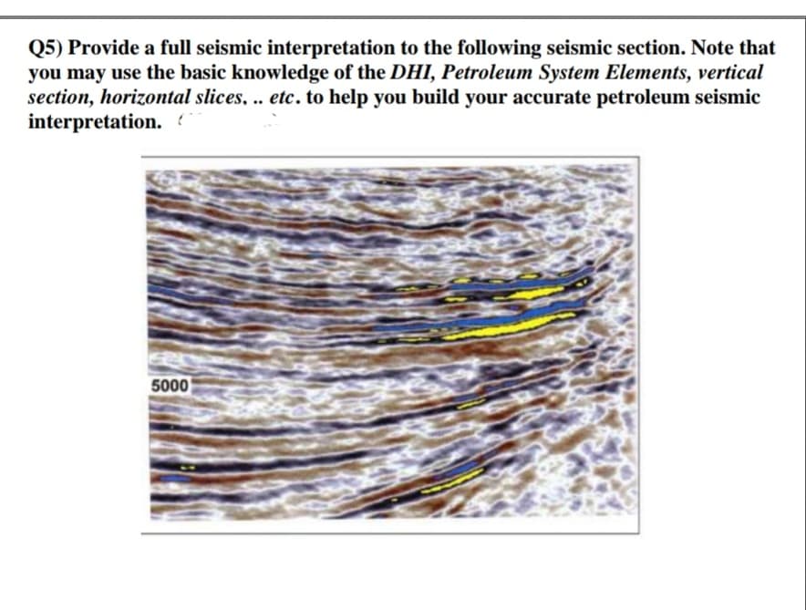 Q5) Provide a full seismic interpretation to the following seismic section. Note that
you may use the basic knowledge of the DHI, Petroleum System Elements, vertical
section, horizontal slices, .. etc. to help you build your accurate petroleum seismic
interpretation.?
5000
